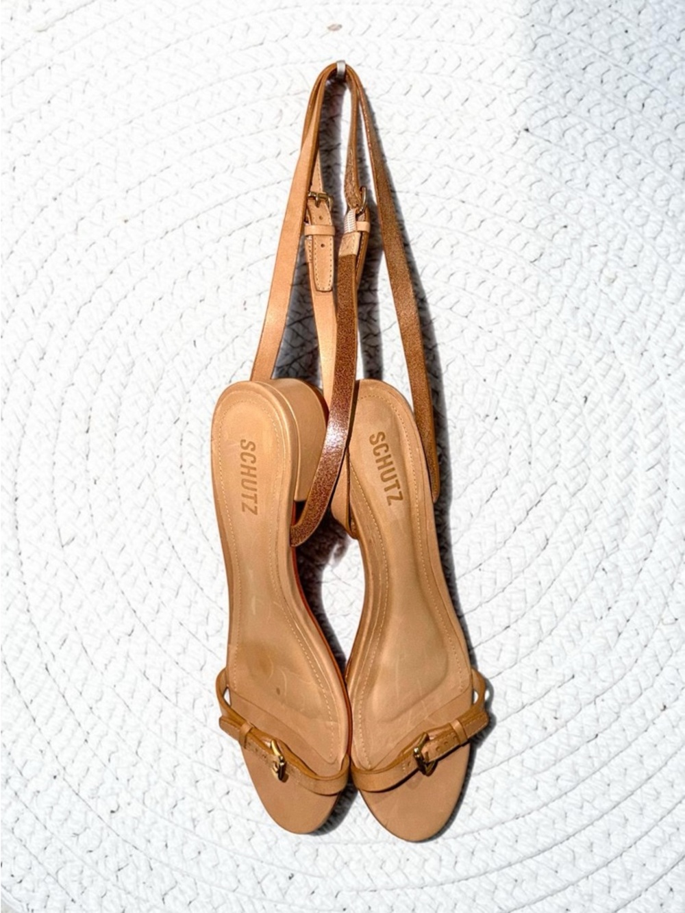 SCHUTZ Aurora Tan Leather Block Heel Sandals with Gold Buckle Size 9.5 - Picture 3 of 7